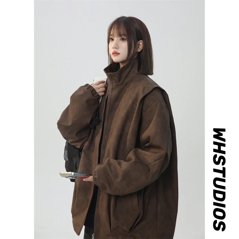 机车皮夹克男女同款磨砂皮PU皮外套秋季潮流百搭美式复古工装上衣