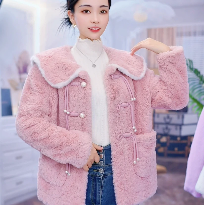 杼优旭2024年新款充绒特厚时尚百搭小香风毛绒外套娃娃领珍珠款A1