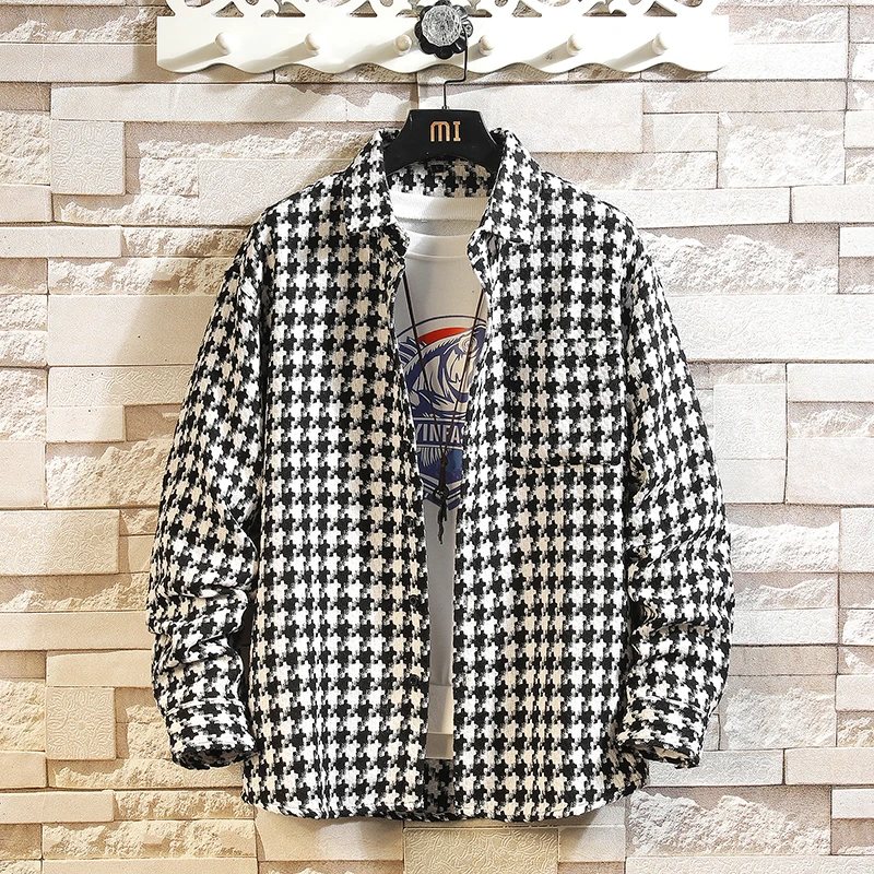 秋冬款小香风男装长袖衬衫夹克外套呢料加厚格子港风厚款衬衣外穿