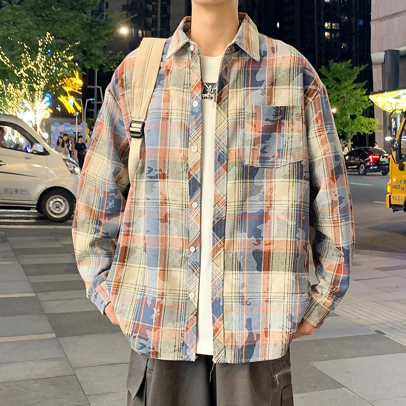 欧美格子衬衫男长袖外穿上衣春秋季新款宽松休闲ins百搭衬衣外套