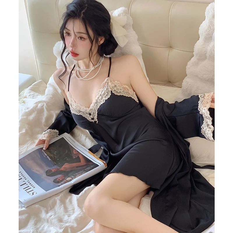 睡衣女夏性感冰丝薄款2024新款蕾丝吊带睡裙睡袍两件套带胸垫春秋