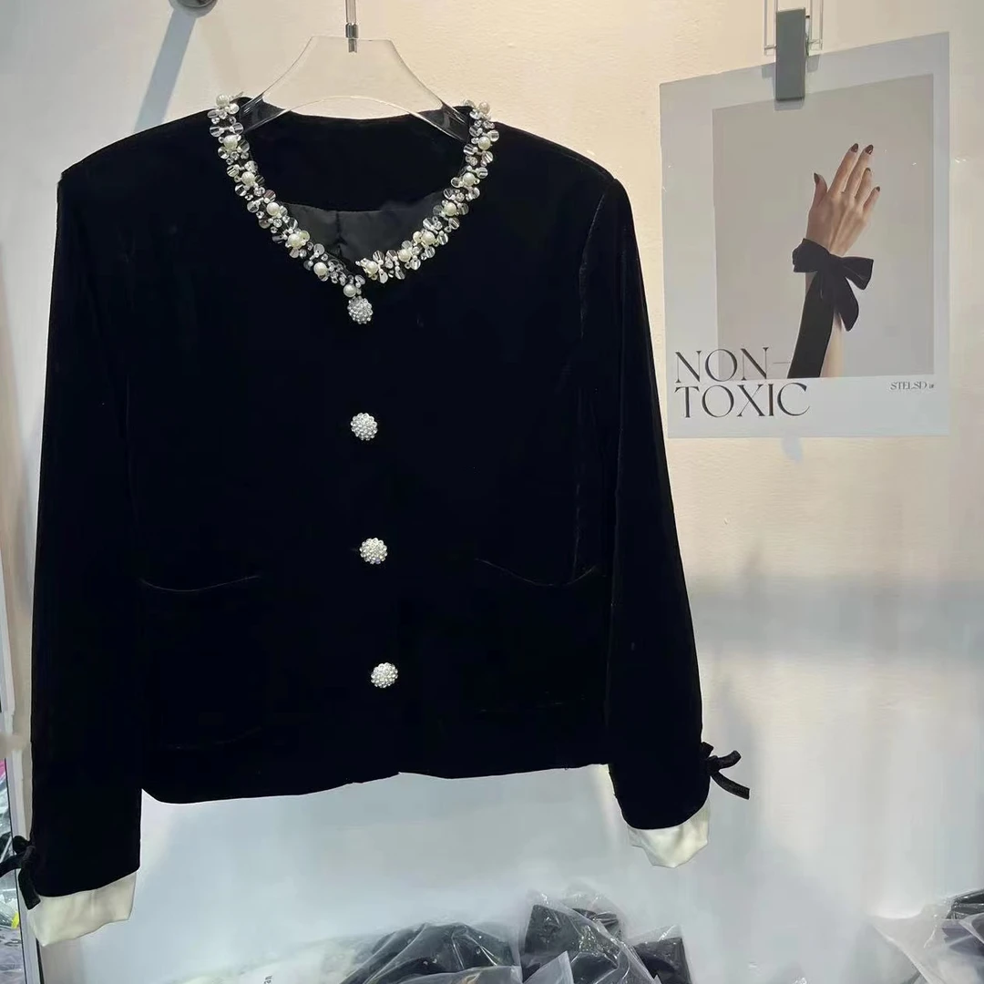 小迪家高级感镶钻圆领长袖丝绒开衫外套女小香风气质上衣80810