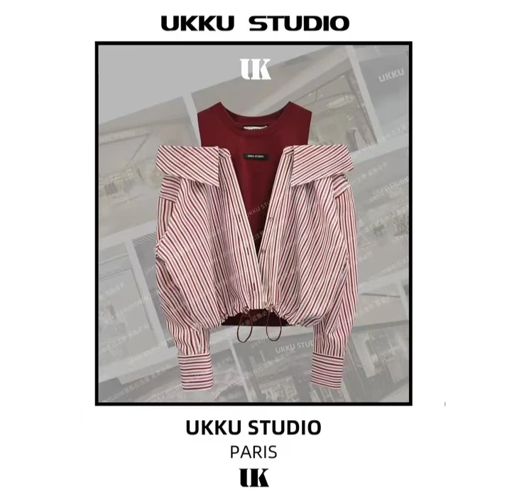 璎珞【UKKU STUDIO】-设计师安可拉红拼接露肩假两件衬衫312627