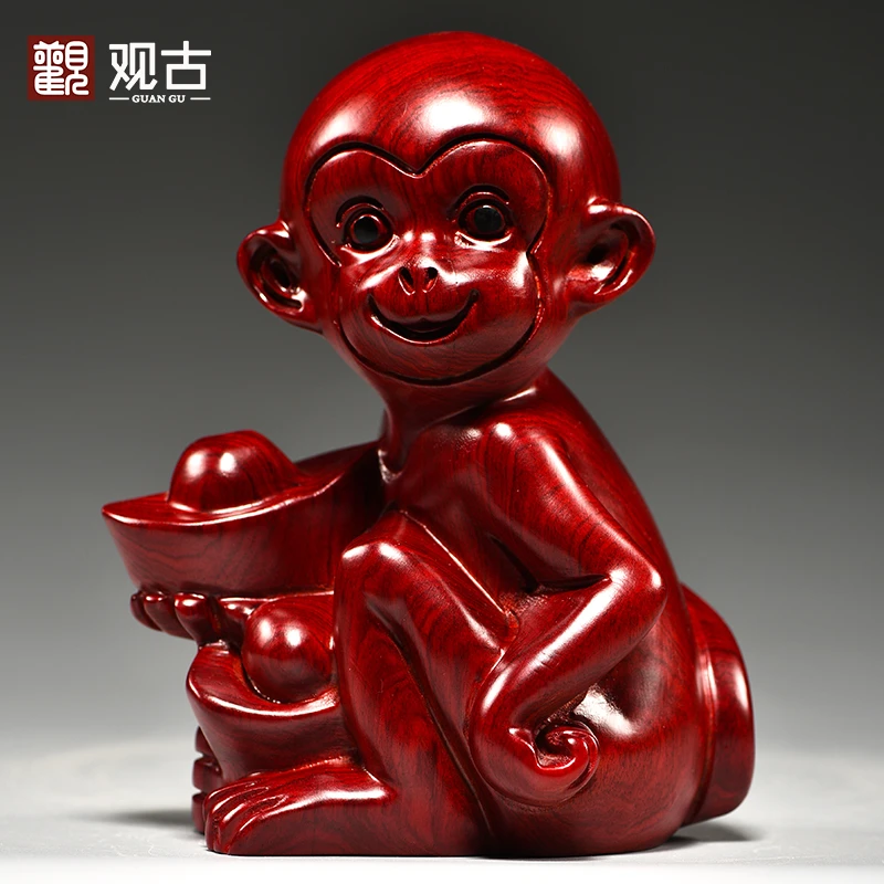 红色木雕猴子雕刻摆件十二生肖猴木头属猴家居客厅装饰工艺品送礼