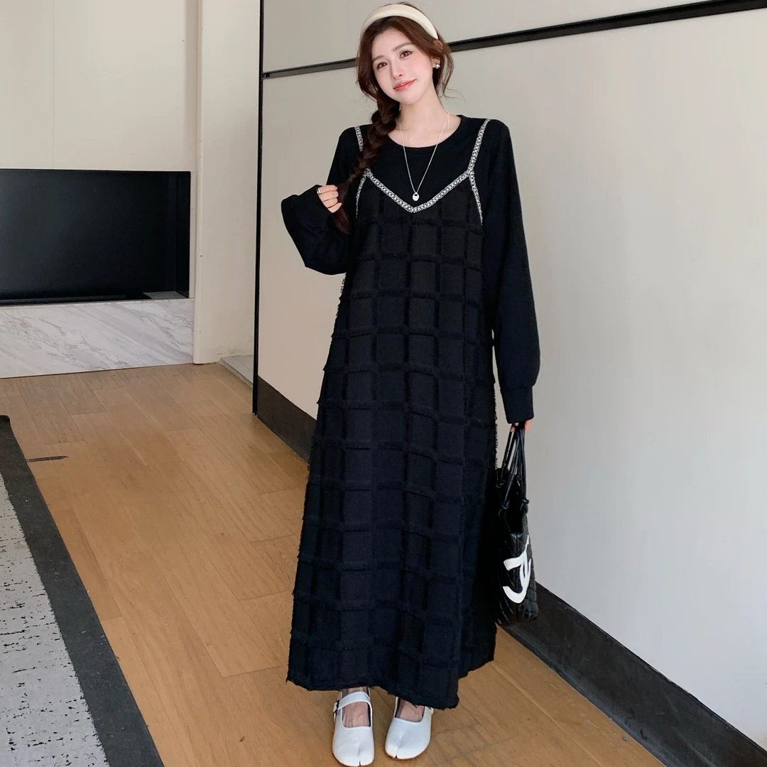 大码女装2025春季新款微胖mm赫本风假两件黑色小香吊带裙子连衣裙