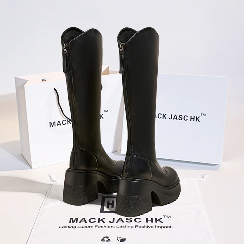 香港MACKHK真皮12CM高跟透气镂空2024秋夏新款厚底增高筒长筒靴女