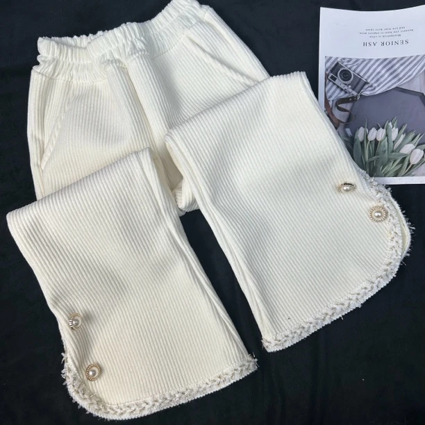 女童休闲裤子秋冬新款外穿加绒儿童长裤中大童女孩冬装花边喇叭裤