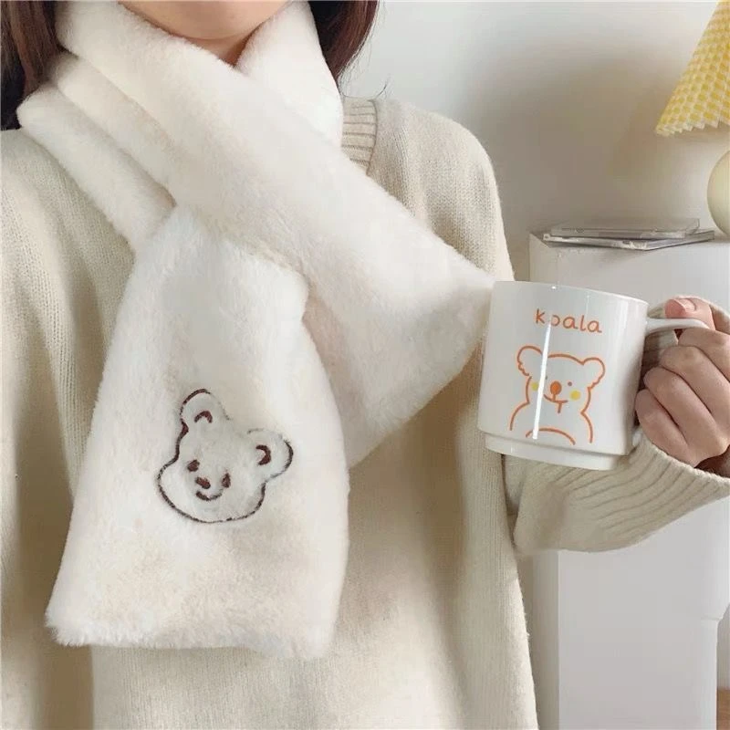 简约风小熊围巾可爱毛绒绒防冻围巾软妹韩国外出骑行保暖抗寒围脖