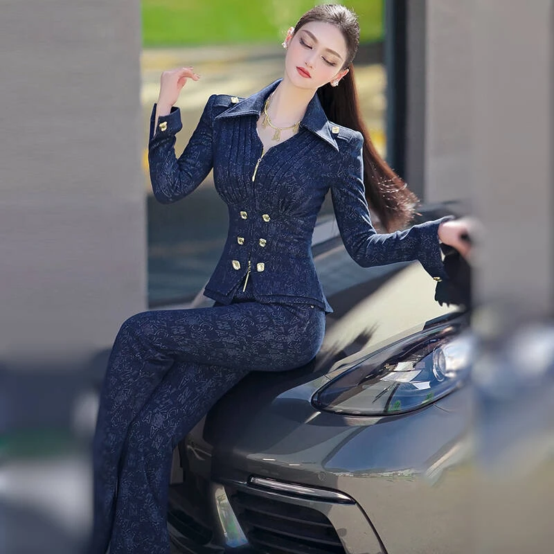 VJE秋冬加厚牛仔气质穿搭套装2024新款抽褶收腰外套喇叭裤两件套