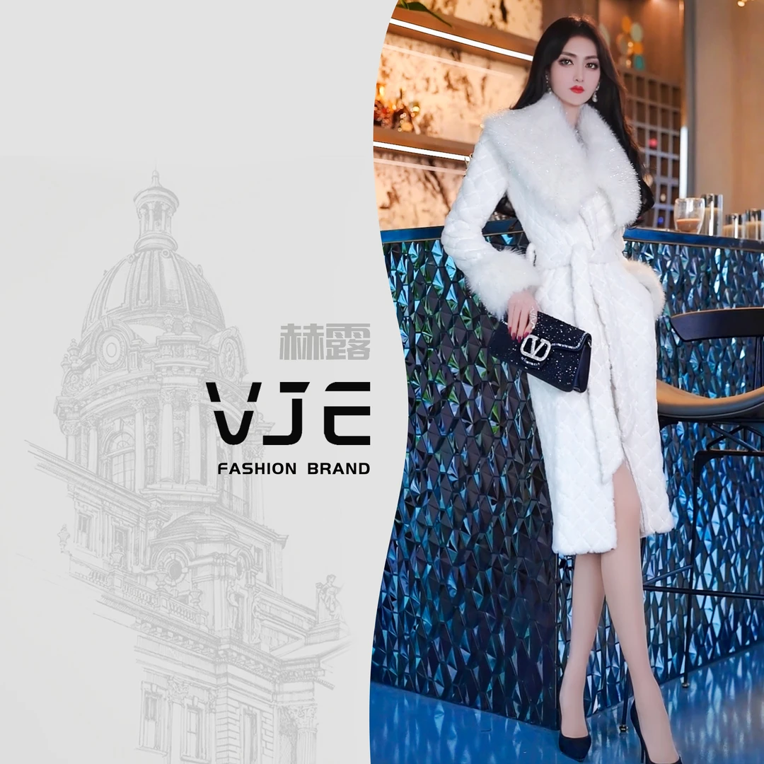 高级感毛领白色菱格毛呢大衣新款毛绒中长款外套