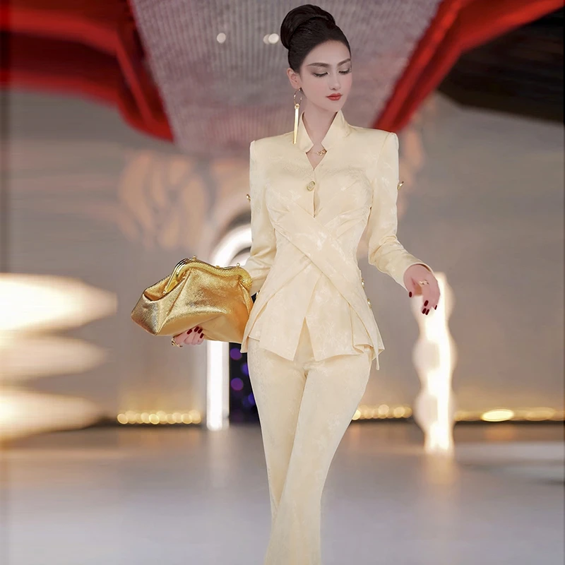 VJE设计感立领系扣衬衫垂顺微喇叭裤两件套2025春款新中式OL套装