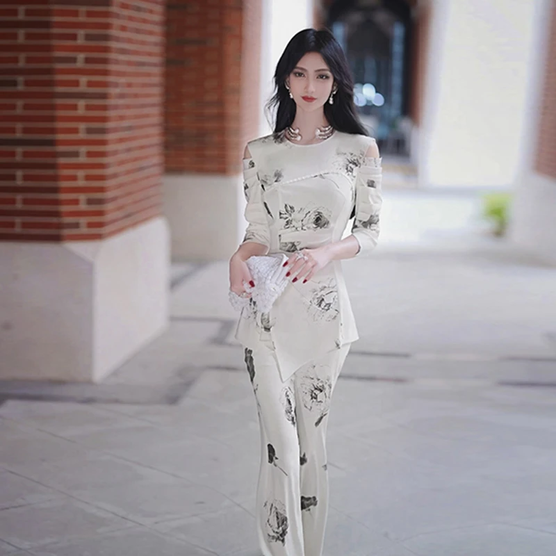 夏季不规则印花裙摆上衣阔腿裤两件套2024新款气质减龄女神范套装