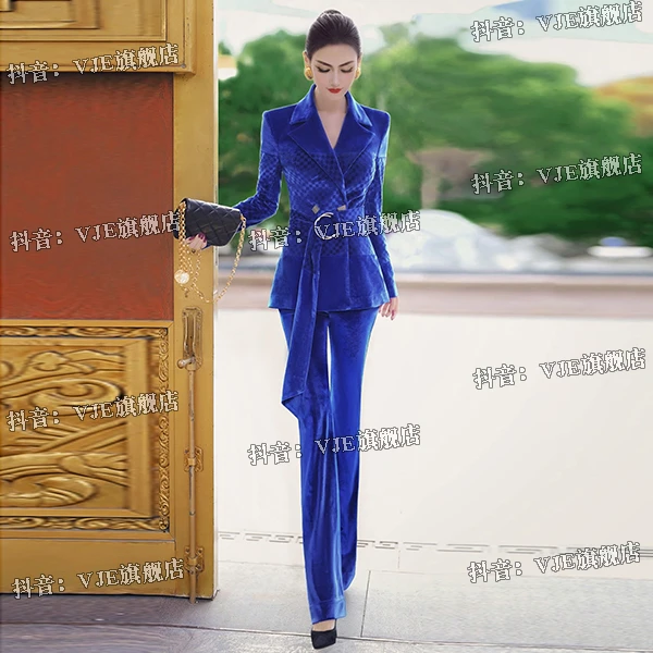 VJE电光蓝西装套装2022新款双排扣收腰外套高腰喇叭裤两件套