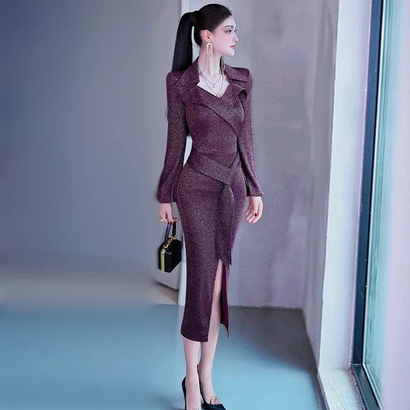 早秋女装长袖修身收腰包臀裙2024新款重要场合气质连衣裙