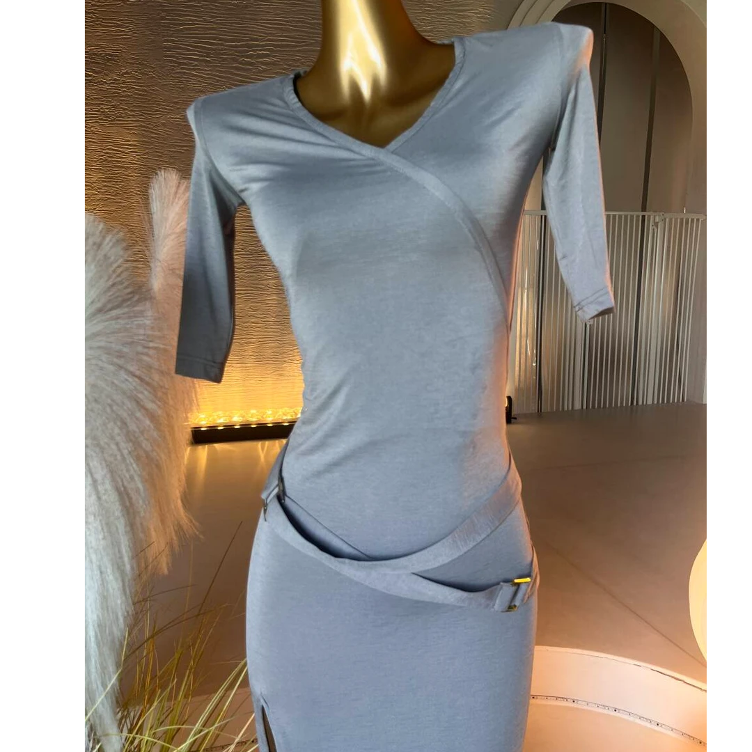 型色缤纷秋装新款名媛风性感深V显瘦修身侧开叉长裙打底连衣裙