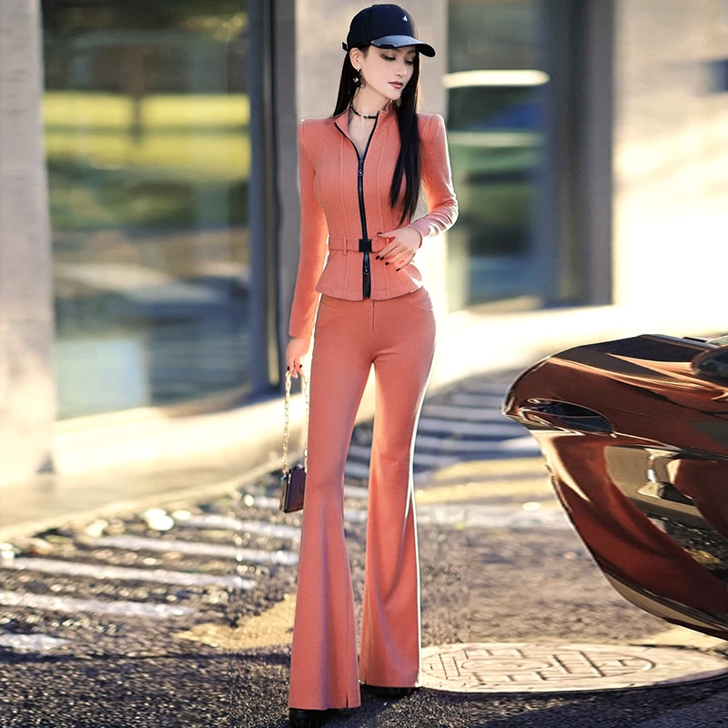 高级感干练减龄上衣喇叭长裤两件套2024新款入秋整套运动休闲套装