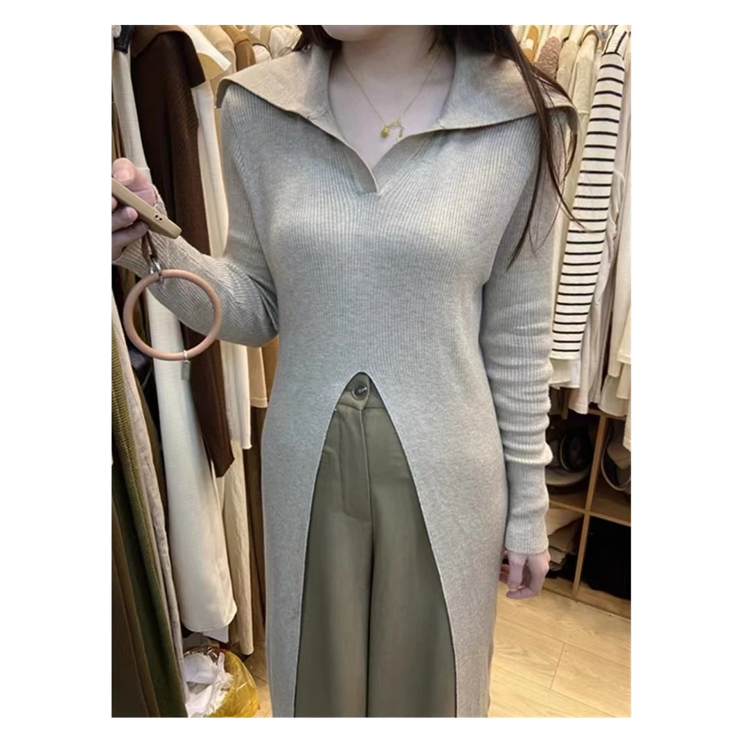 2023新款大翻领开叉针织连衣裙休闲显瘦高级感开叉连衣裙-02066