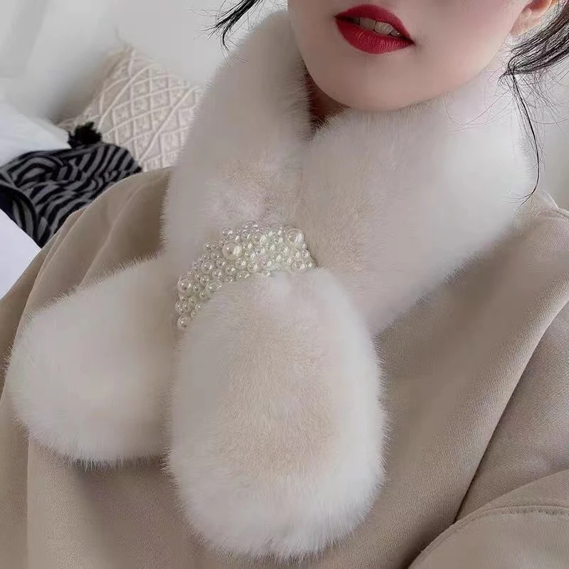 珍珠毛毛领围脖韩版小围巾冬季女护颈脖套百搭可爱少女防护兔毛绒