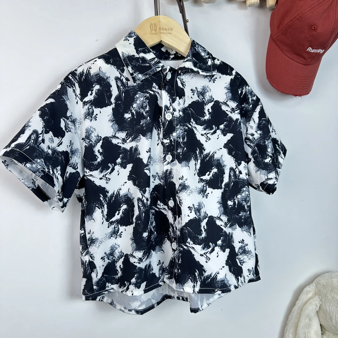 儿童衬衫短袖套装上衣夏季时尚休闲帅气印花宽松水墨风洋气宝宝