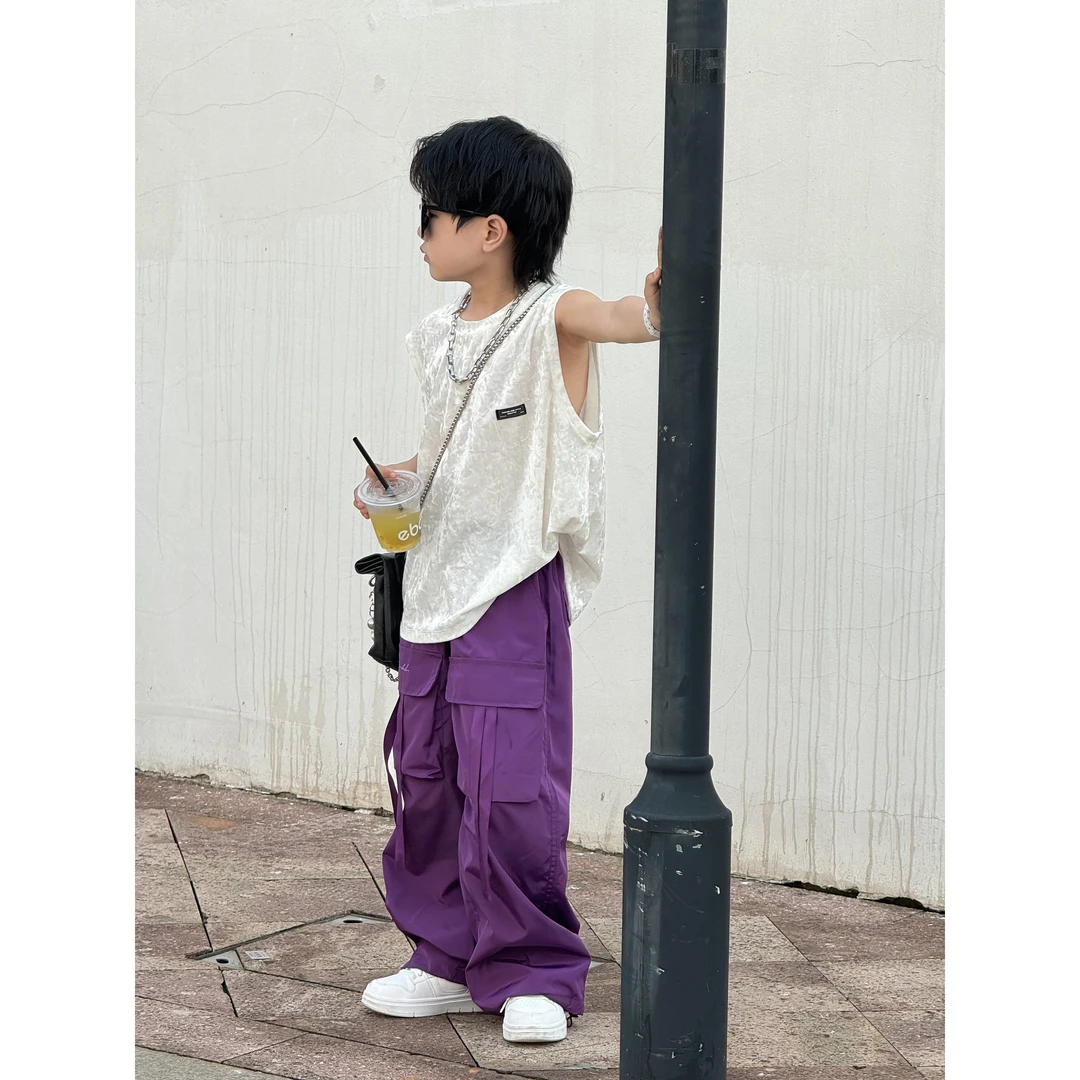 BUNNY KIDS【热浪来袭】儿童夏季复古纯色宽松设计感工装裤帅气炸街