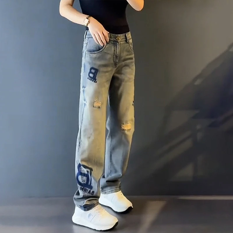 秋冬高档大码潮牌男士直筒休闲长裤设计感字母宽松时尚刺绣牛仔裤
