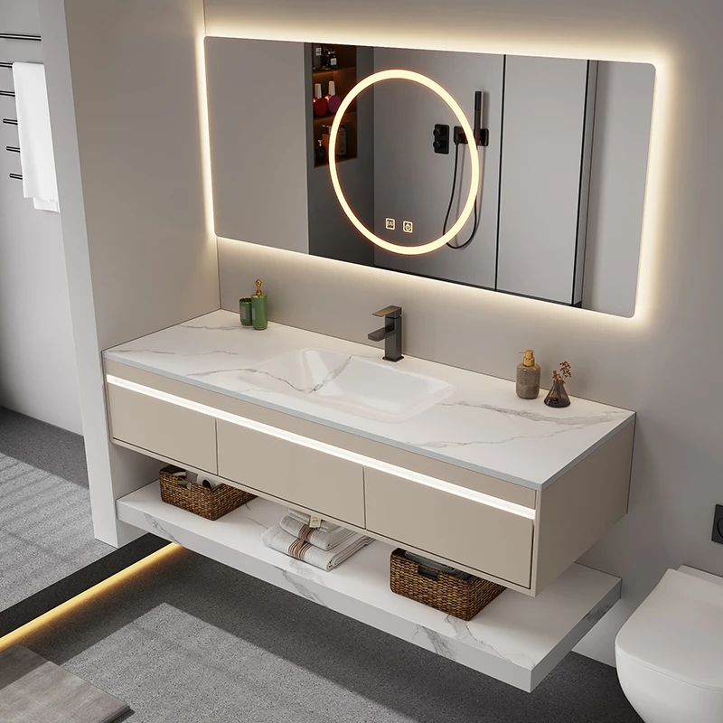 酒店轻奢岩板热弯一体盆实木浴室柜洗手台盆柜组合洗漱柜一体盆池