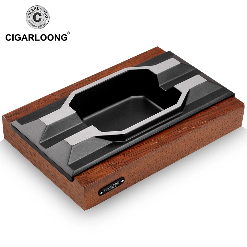 CIGARLOONG茄龙雪茄烟灰缸金属大号双槽烟缸 实木创意个性烟灰缸