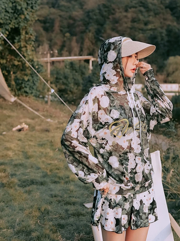 【山茶花】分体三件套显瘦遮肉保守大码泳衣长袖高级防晒女士游泳衣