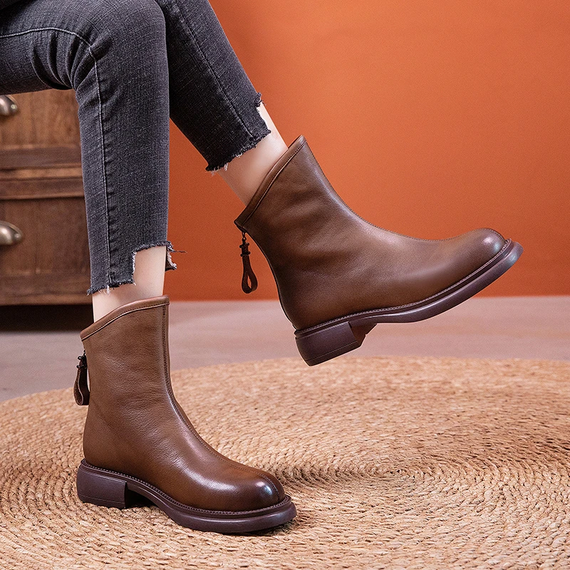 米娅真皮女靴秋单靴马丁靴头层全牛皮秋冬粗跟软底复古