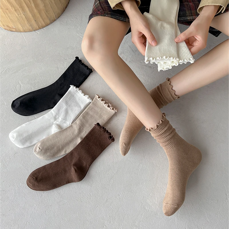 春夏秋款棉袜无骨袜日系黑色春秋花边堆堆月子白色木耳边女士中筒