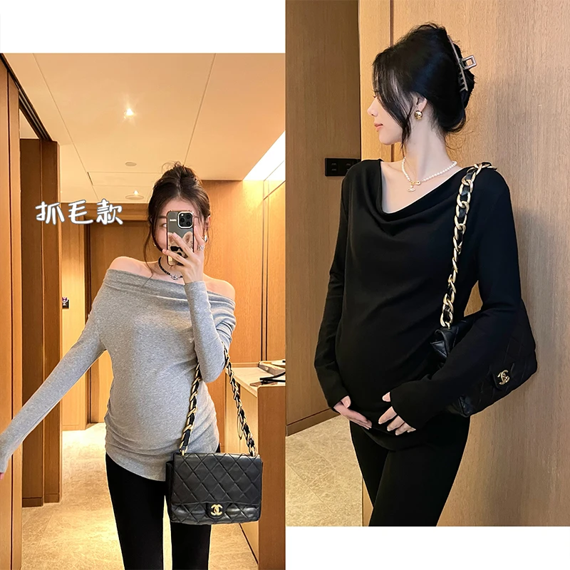 孕妇装发热绒两种穿法设计感长袖上衣女秋冬新款保暖打底衫3647