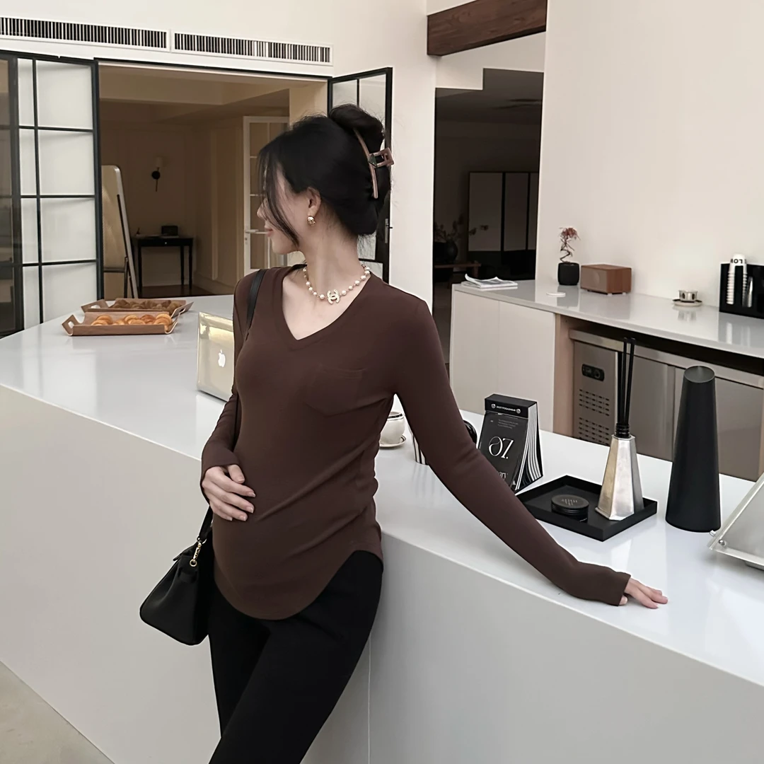孕妇装发热绒V领口袋针织上衣女秋冬新款孕妇打底衫3542