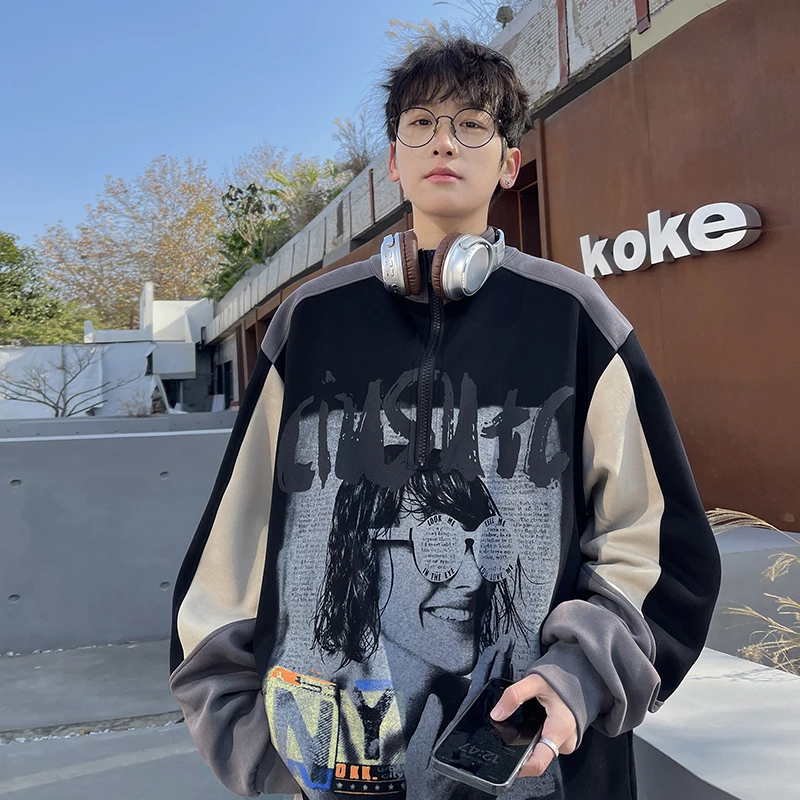 cityboy拼色插肩袖立领卫衣男早秋美式青年潮牌宽松无帽上衣外套