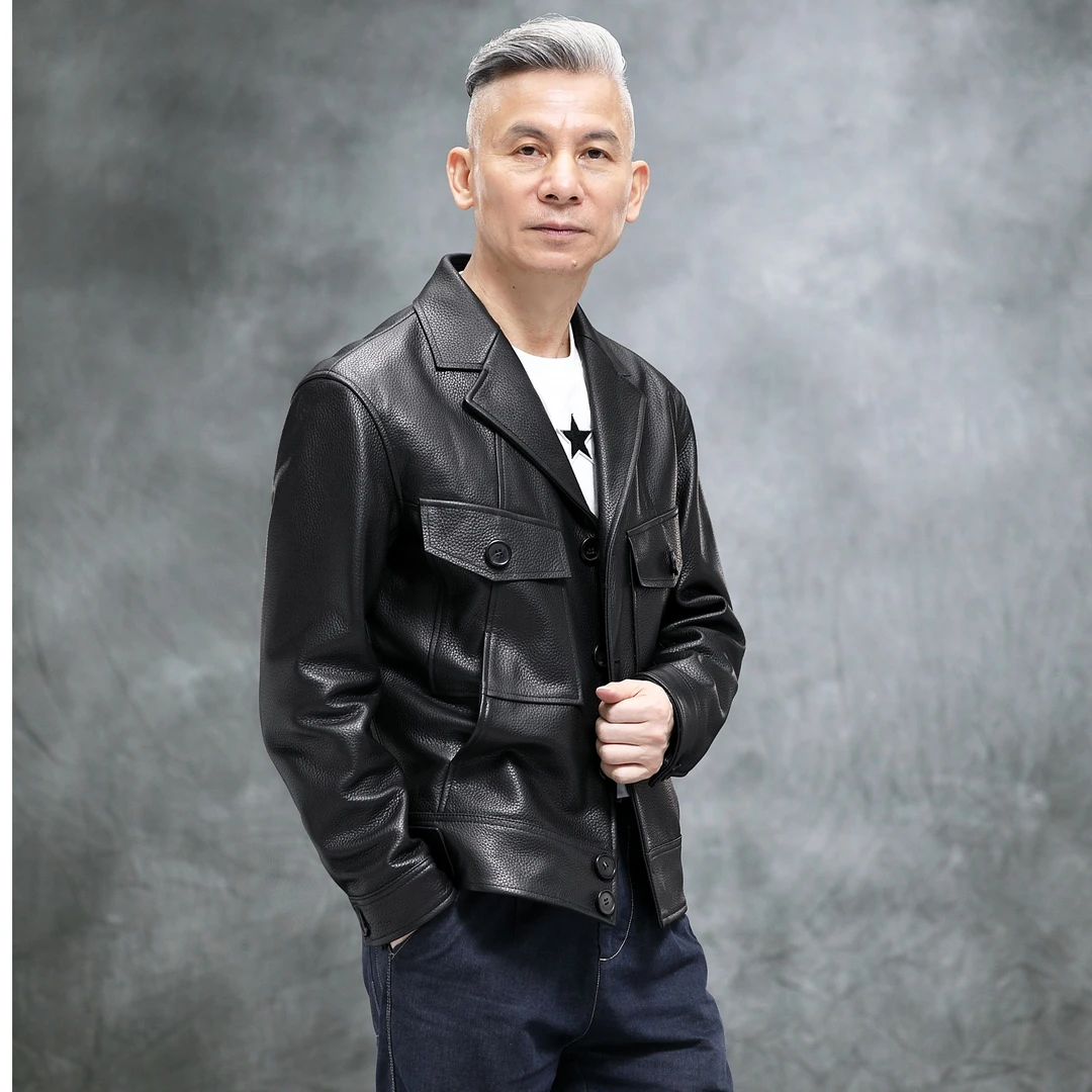 海宁皮衣新款男士时尚休闲鹿皮西装领轻商务潮流皮夹克春秋百搭