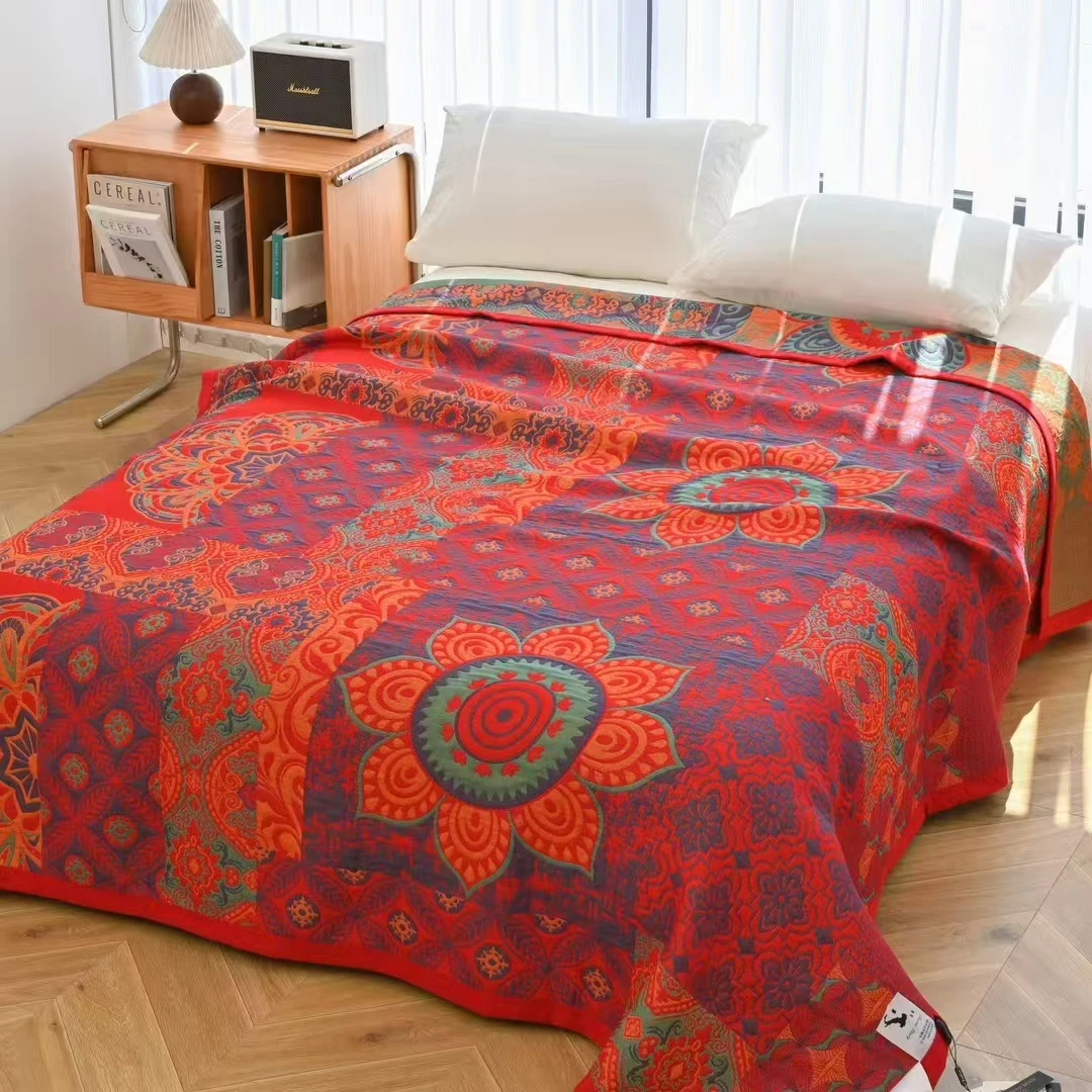 【红色洛克】双面加厚多功能桑蚕丝纱布盖毯