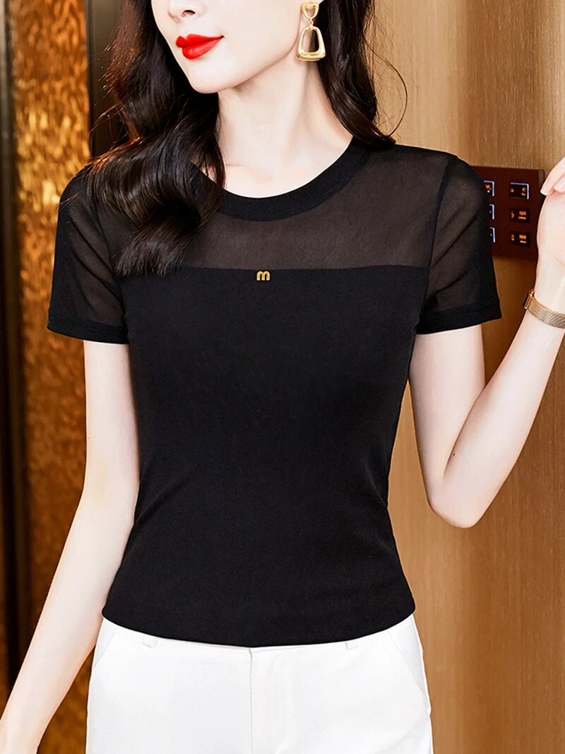 圆领网纱气质短袖t恤女士夏季薄款上衣洋气减龄修身显瘦打底小衫