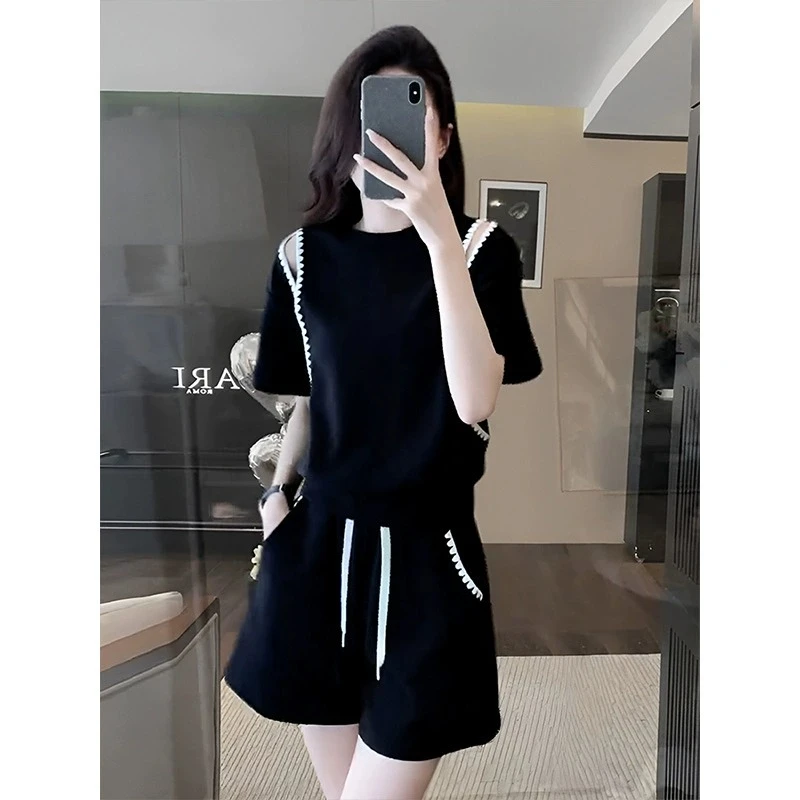 韩版套装女夏季新款时髦休闲设计感圆领上衣短裤穿搭一整套