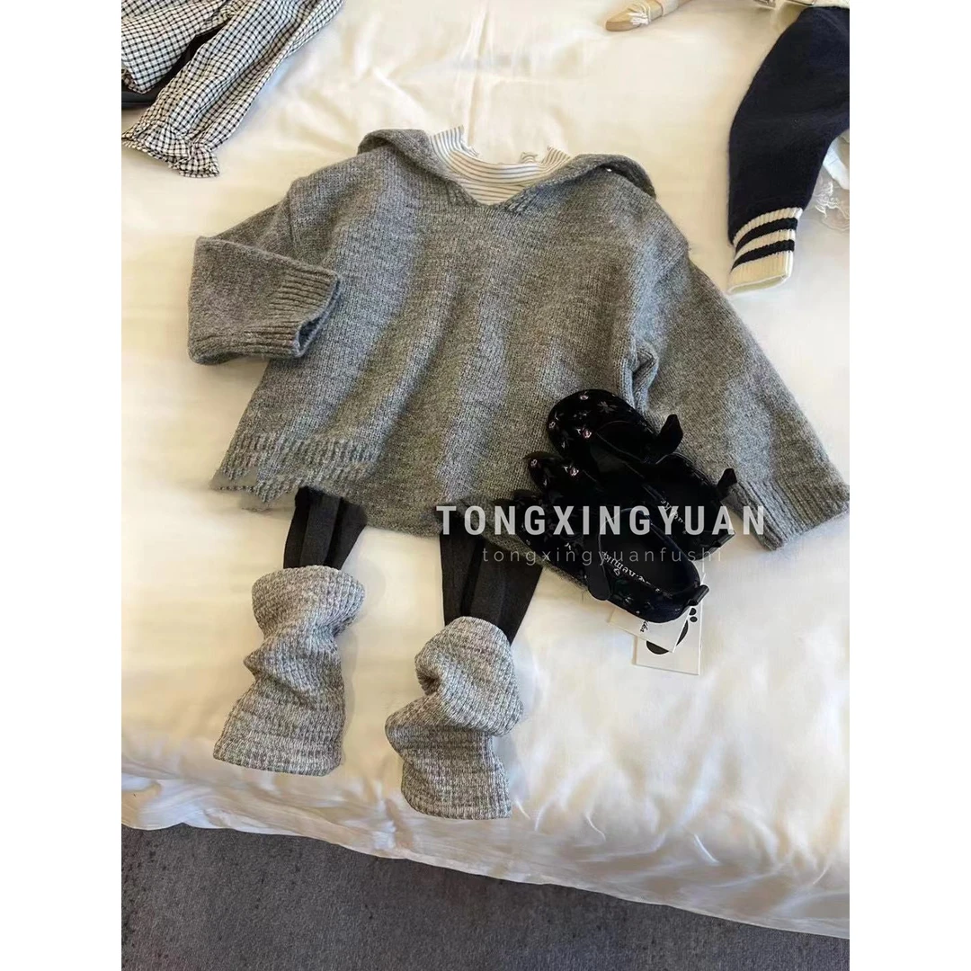 【三件套】新款森系秋装女童套装儿童装针织毛衣打底裤拼色套装