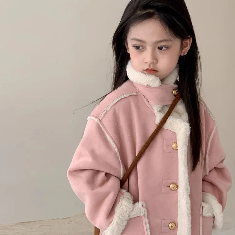女童加绒外套机车外套2023冬中小童保暖大衣外套