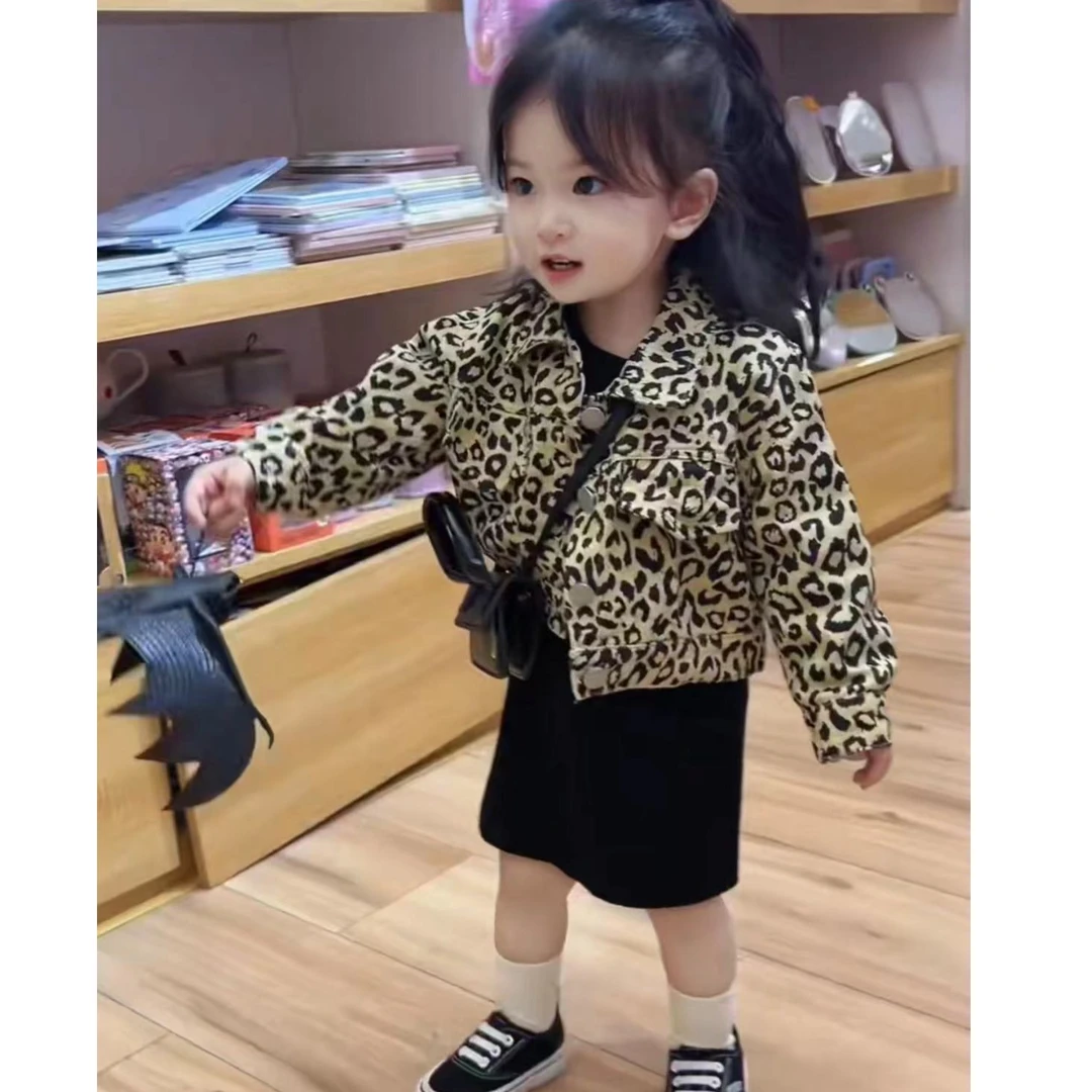 女童2023秋季套装儿童韩版长袖豹纹外套洋气针织连衣裙