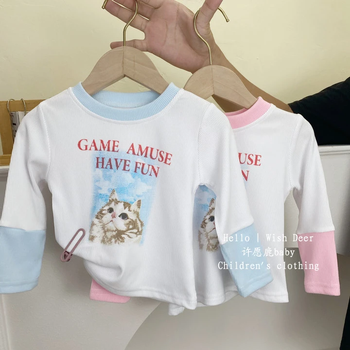 儿童拼色长袖体恤秋季2023新款猫咪印花修身设计感上衣