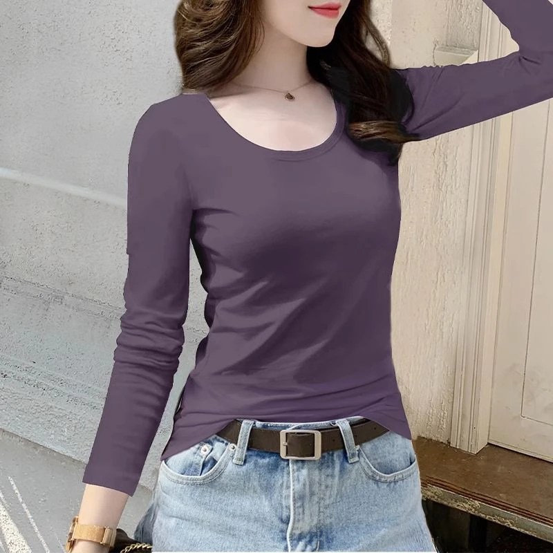 紫色长袖t恤女修身显瘦春秋百搭正肩纯棉打底衫内搭上衣2025新款