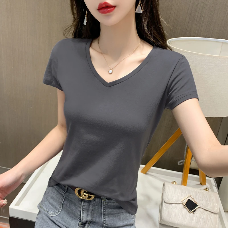 烟灰色短袖t恤女V领棉上衣修身显瘦女装2025新款半袖高级感体恤