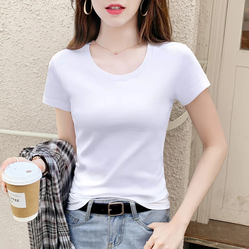 白色短袖t恤女士修身显瘦2025夏季新款圆领正肩百搭半袖纯棉上衣