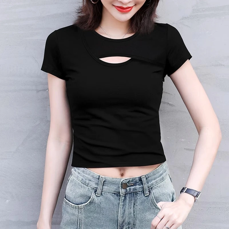 黑色短款上衣女修身高腰打底小衫2025夏季新款镂空设计感短袖T恤