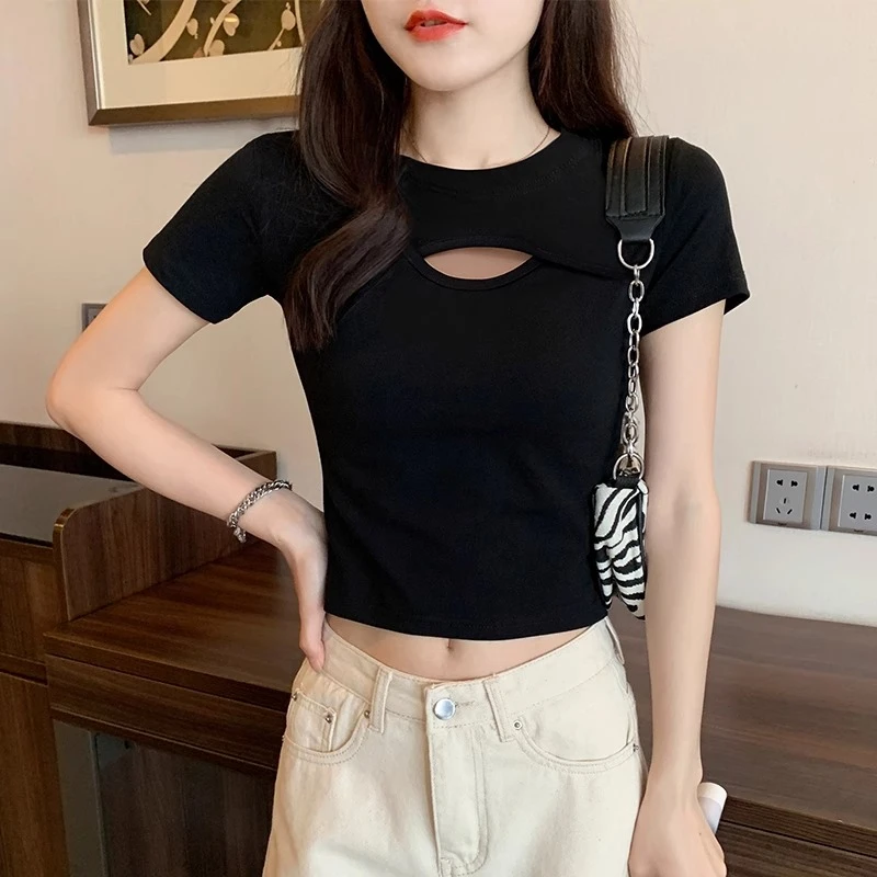 2025新款夏季高腰修身显瘦镂空设计感小众露脐短款短袖t恤女上衣