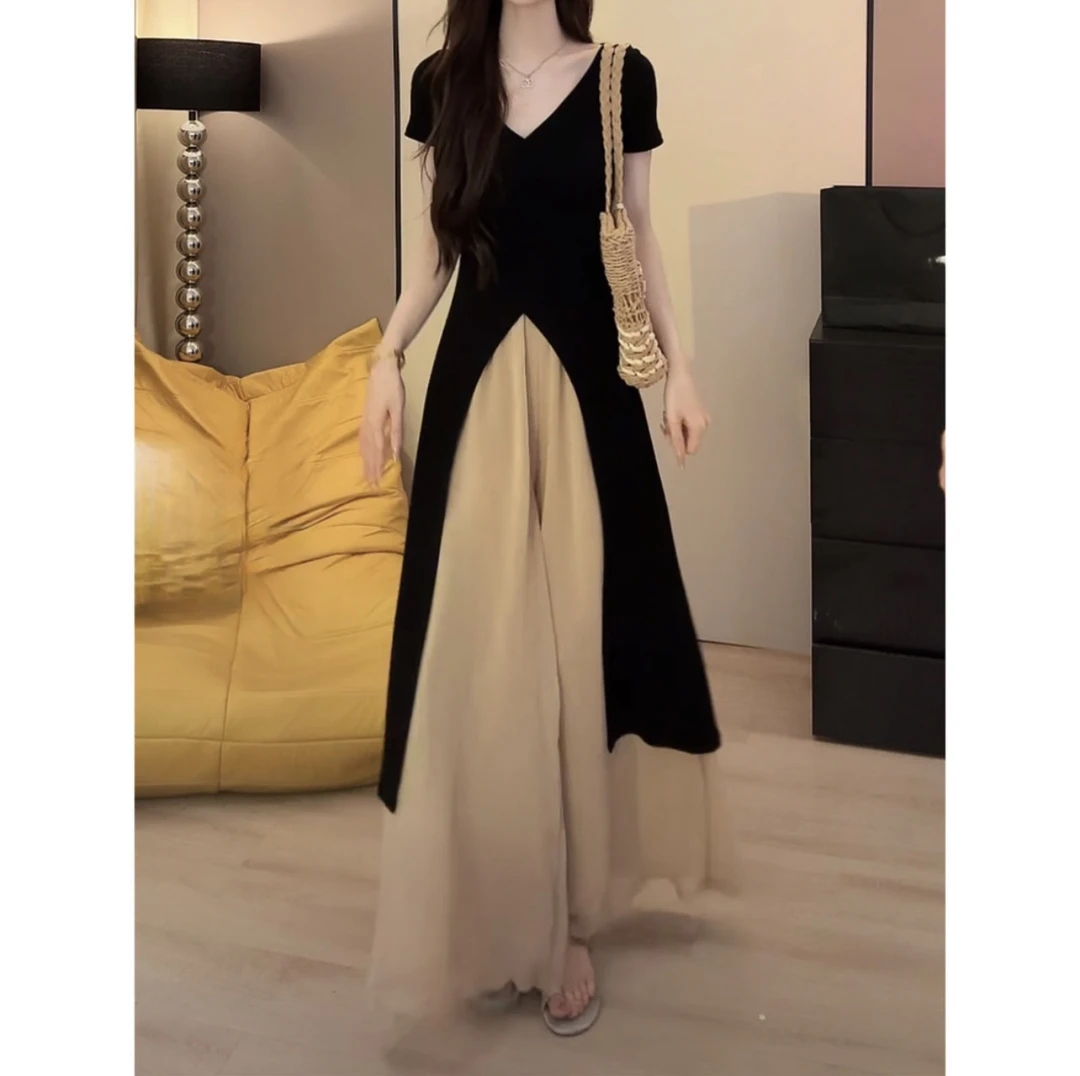 夏季短袖显瘦气质长款黑色开叉上衣阔腿裤赫本风套装