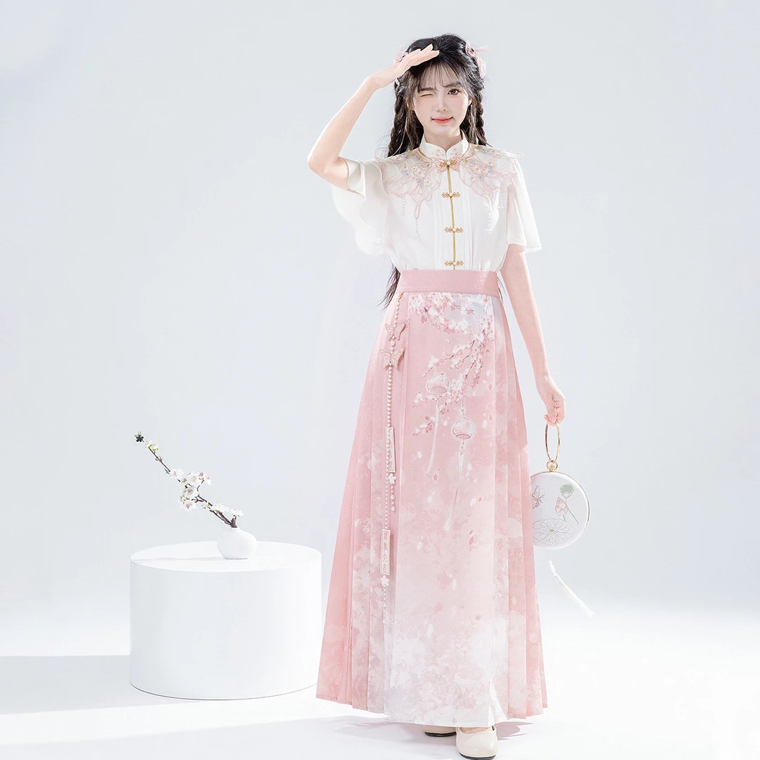 原创设计落樱集中国风改良汉元素女云肩衬衣半裙套装
