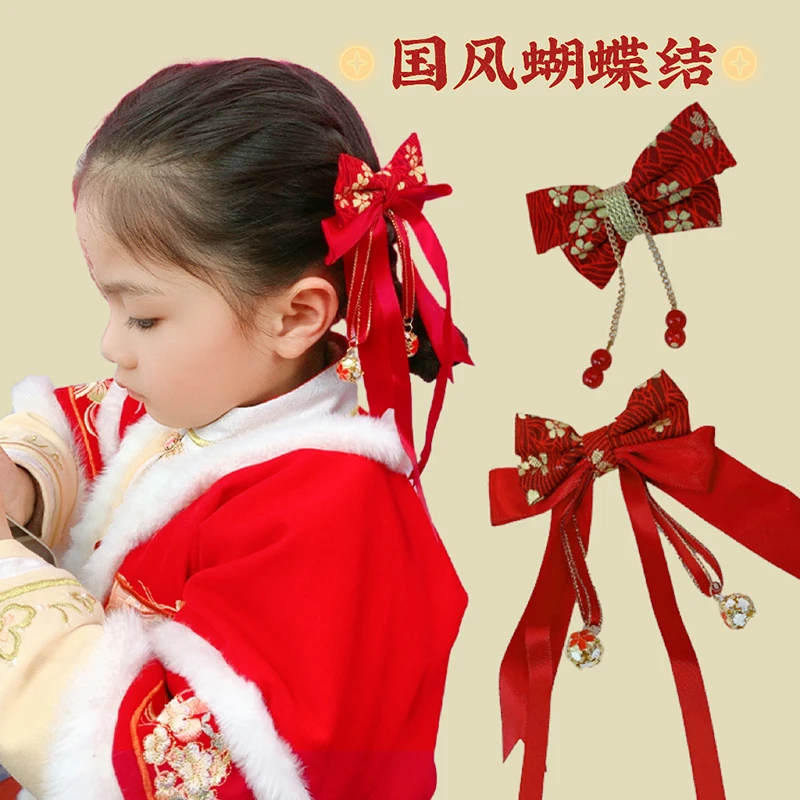 2023新年款可爱宝宝古风红色发卡女孩蝴蝶结式公主流苏飘带头饰