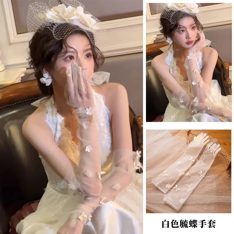 新娘婚纱长款手套气质优雅蕾丝袖套结婚花朵重工复古长袖套遮手臂